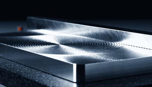 A machined aluminium plate on a black granite surface plate, lit from the side so that the concentric tool-path arcs left by the cutter read as fine specular lines across the face, with an engineer's square behind it dissolving into shadow.